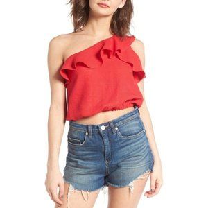 ASTR One Shoulder Ruffle Crop Top in Red Hot